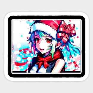 Anime Girl Christmas Hat Blue Green Hair Sticker